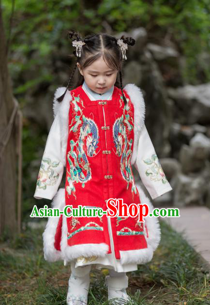 Chinese Traditional Girls Embroidered Red Vest Ancient Ming Dynasty Princess Costume for Kids