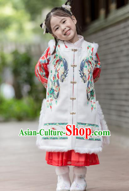 Chinese Traditional Girls Embroidered White Vest Ancient Ming Dynasty Princess Costume for Kids
