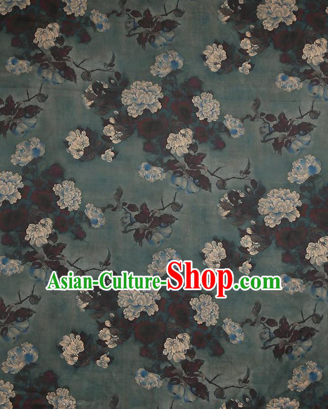 Chinese Classical Printing Peony Pattern Design Atrovirens Gambiered Guangdong Gauze Fabric Asian Traditional Cheongsam Silk Material