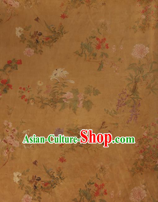 Chinese Classical Printing Peony Pattern Design Ginger Gambiered Guangdong Gauze Fabric Asian Traditional Cheongsam Silk Material