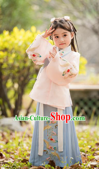 Chinese Traditional Girls Embroidered Costume Ancient Ming Dynasty Princess Hanfu Dress for Kids