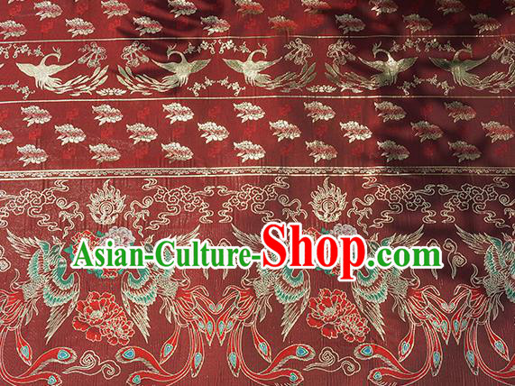 Chinese Royal Phoenix Peony Pattern Design Dark Red Brocade Fabric Asian Traditional Horse Face Skirt Satin Silk Material