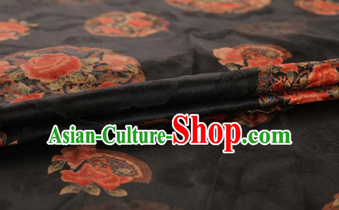 Chinese Classical Peony Pattern Design Black Gambiered Guangdong Gauze Fabric Asian Traditional Cheongsam Silk Material