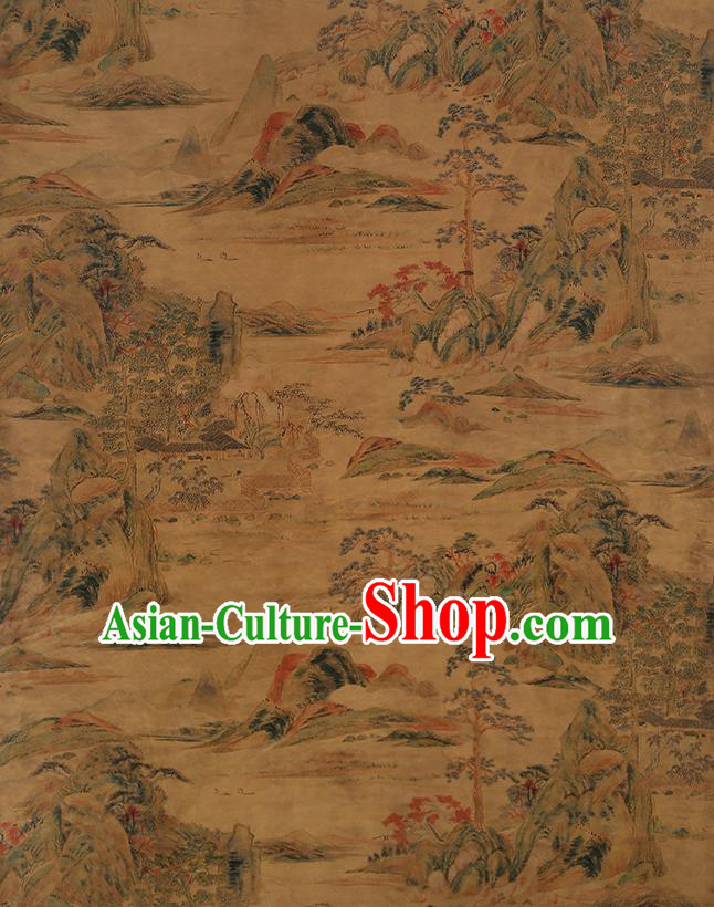 Chinese Classical Printing Landscape Pattern Design Ginger Gambiered Guangdong Gauze Fabric Asian Traditional Cheongsam Silk Material