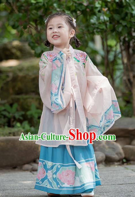 Chinese Traditional Girls Embroidered Peony Pink Cloak and Blue Skirt Ancient Ming Dynasty Princess Costume for Kids