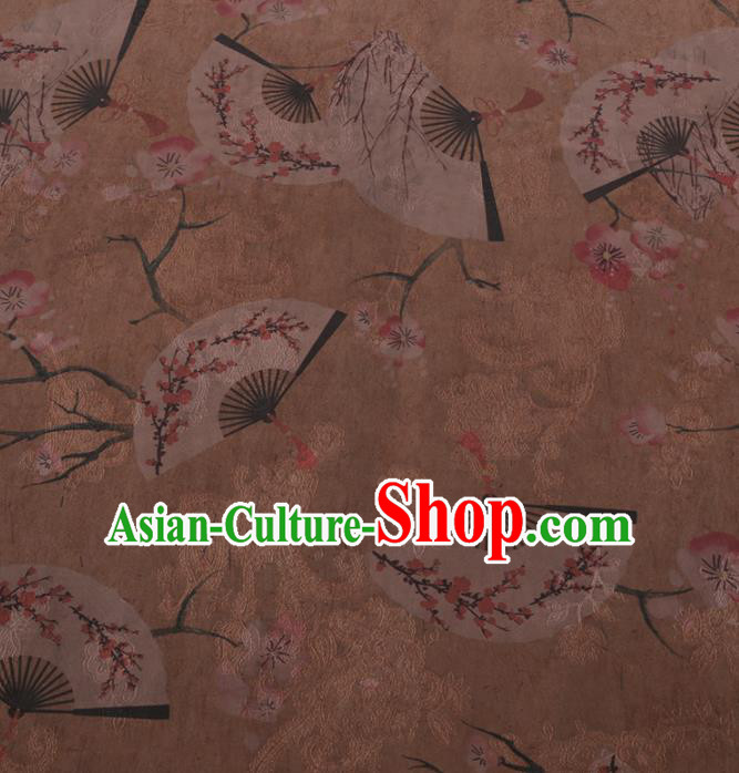 Chinese Classical Plum Fan Pattern Design Khaki Gambiered Guangdong Gauze Fabric Asian Traditional Cheongsam Silk Material