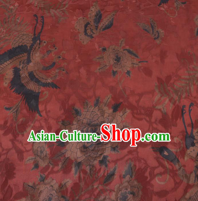 Chinese Classical Crane Peony Pattern Design Purplish Red Gambiered Guangdong Gauze Fabric Asian Traditional Cheongsam Silk Material