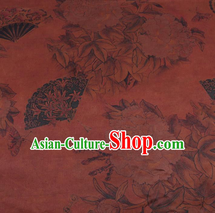 Chinese Classical Peony Fan Pattern Design Rust Red Gambiered Guangdong Gauze Fabric Asian Traditional Cheongsam Silk Material