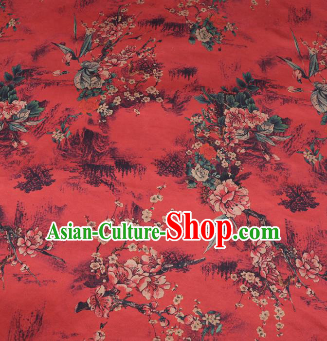 Chinese Classical Plum Blossom Pattern Design Red Gambiered Guangdong Gauze Fabric Asian Traditional Cheongsam Silk Material