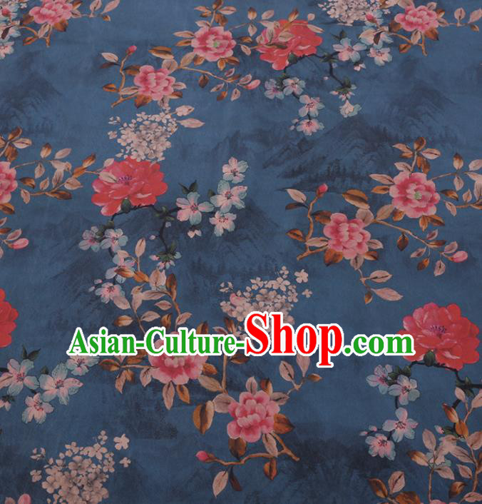 Chinese Classical Plum Peony Pattern Design Blue Gambiered Guangdong Gauze Fabric Asian Traditional Cheongsam Silk Material