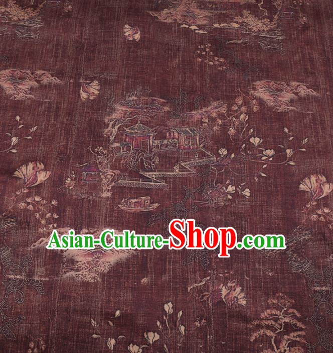 Chinese Classical Pavilions Pattern Design Purplish Red Gambiered Guangdong Gauze Fabric Asian Traditional Cheongsam Silk Material