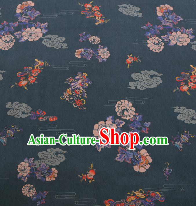 Chinese Classical Peony Peach Pattern Design Atrovirens Gambiered Guangdong Gauze Fabric Asian Traditional Cheongsam Silk Material