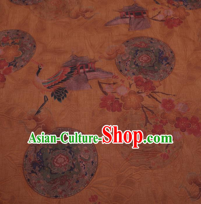 Chinese Classical Crane Plum Pattern Design Ginger Gambiered Guangdong Gauze Fabric Asian Traditional Cheongsam Silk Material