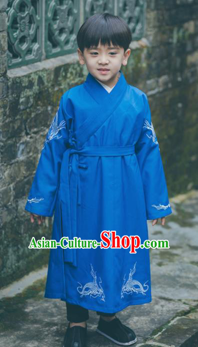 Chinese Traditional Ming Dynasty Swordsman Blue Costume Ancient Imperial Bodyguard Hanfu Clothing for Kids