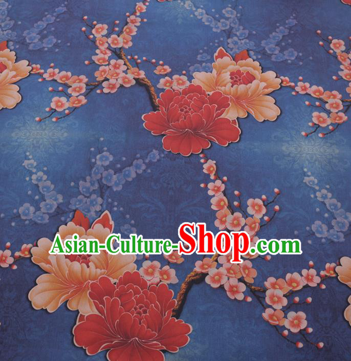 Chinese Classical Plum Peony Pattern Design Blue Gambiered Guangdong Gauze Fabric Asian Traditional Cheongsam Silk Material