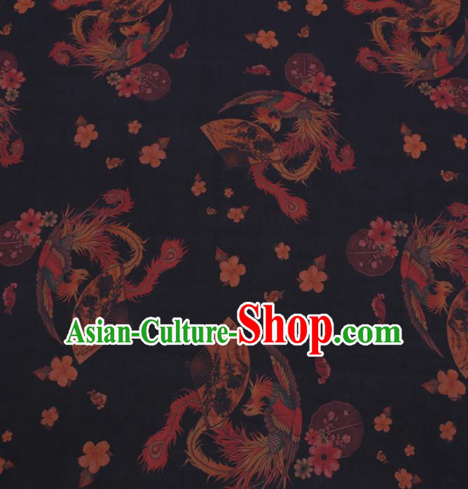 Chinese Classical Printing Phoenix Pattern Design Black Gambiered Guangdong Gauze Fabric Asian Traditional Cheongsam Silk Material