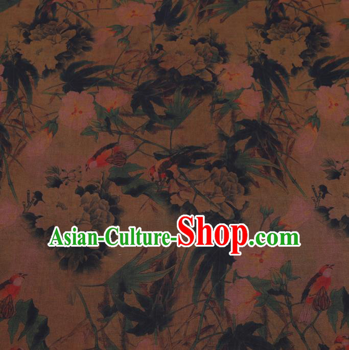 Chinese Classical Printing Peony Pattern Design Brown Gambiered Guangdong Gauze Fabric Asian Traditional Cheongsam Silk Material