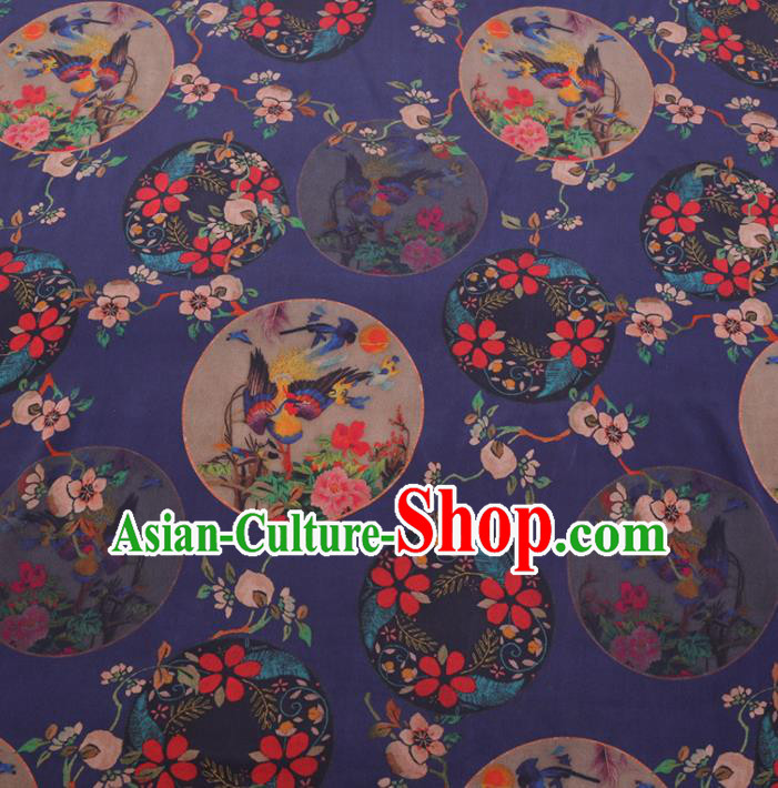 Chinese Classical Printing Peony Birds Pattern Design Deep Blue Gambiered Guangdong Gauze Fabric Asian Traditional Cheongsam Silk Material