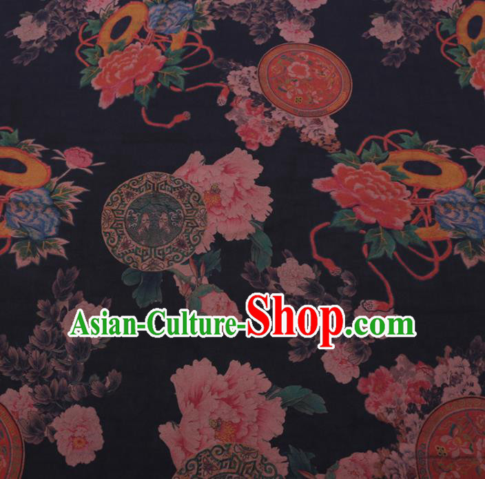 Chinese Classical Printing Peony Fan Pattern Design Black Gambiered Guangdong Gauze Fabric Asian Traditional Cheongsam Silk Material