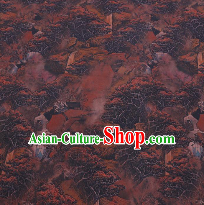 Chinese Classical Printing Forest Pattern Design Brown Gambiered Guangdong Gauze Fabric Asian Traditional Cheongsam Silk Material