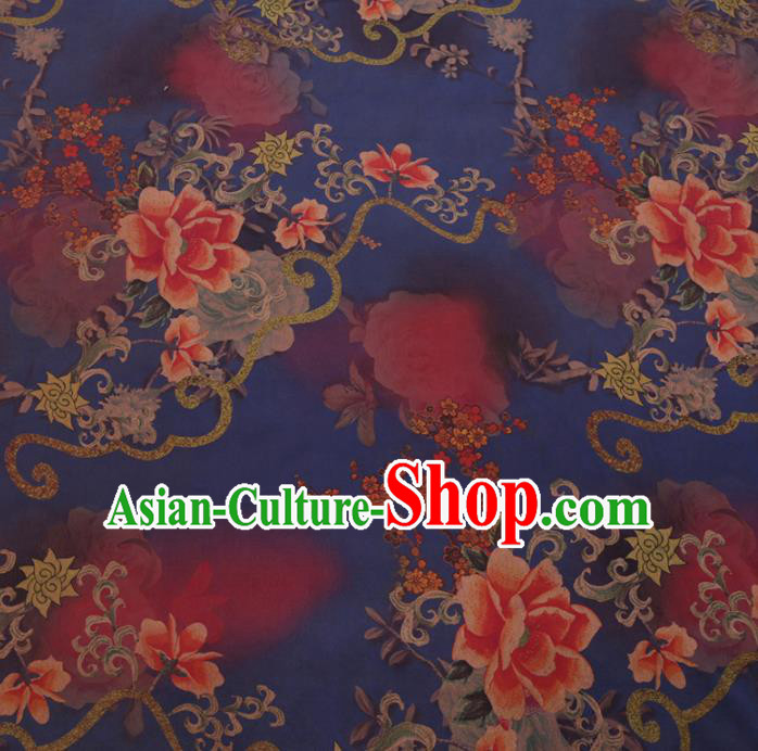 Chinese Classical Printing Peony Plum Pattern Design Deep Blue Gambiered Guangdong Gauze Fabric Asian Traditional Cheongsam Silk Material