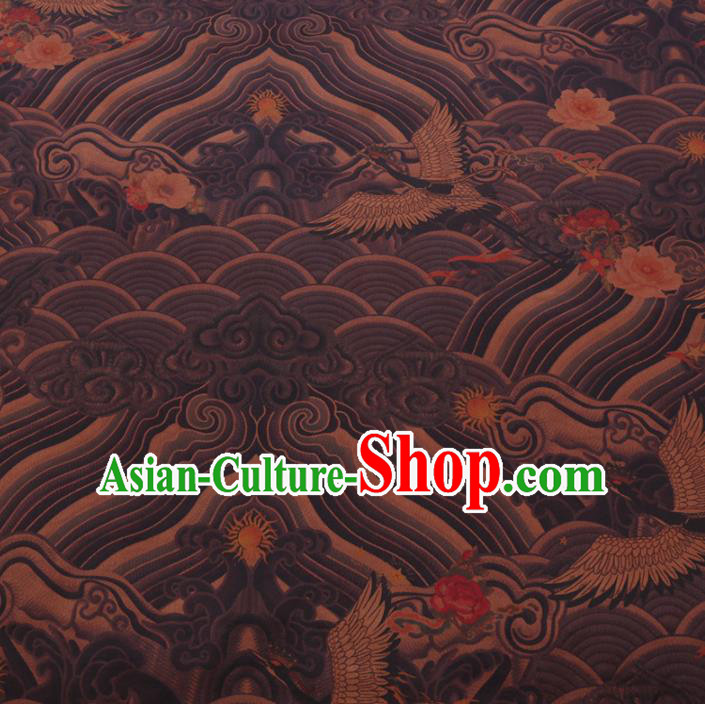 Chinese Classical Printing Wave Crane Pattern Design Brown Gambiered Guangdong Gauze Fabric Asian Traditional Cheongsam Silk Material
