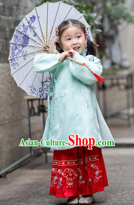 Chinese Traditional Girls Embroidered Green Blouse and Red Skirt Ancient Ming Dynasty Princess Costume for Kids