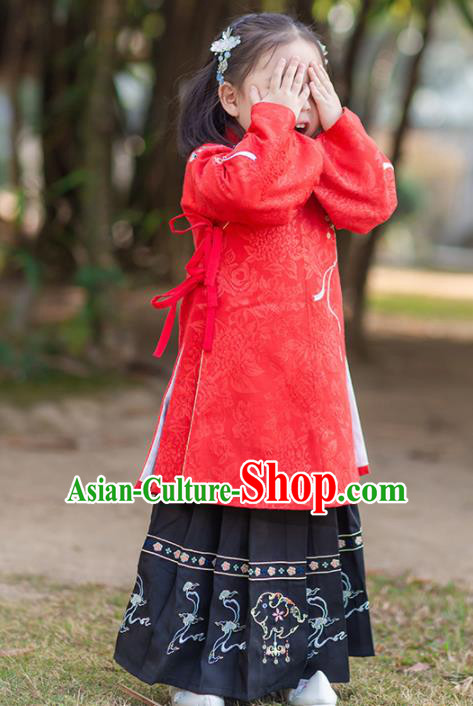 Chinese Traditional Girls Embroidered Red Blouse and Black Skirt Ancient Ming Dynasty Princess Costume for Kids