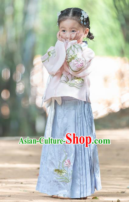 Chinese Traditional Girls Embroidered Lotus Pink Blouse and Blue Skirt Ancient Ming Dynasty Princess Costume for Kids