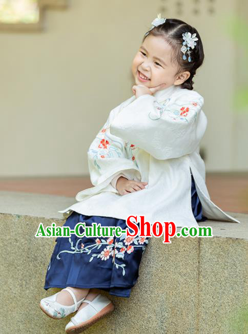 Chinese Traditional Girls Embroidered White Blouse and Navy Skirt Ancient Ming Dynasty Princess Costume for Kids