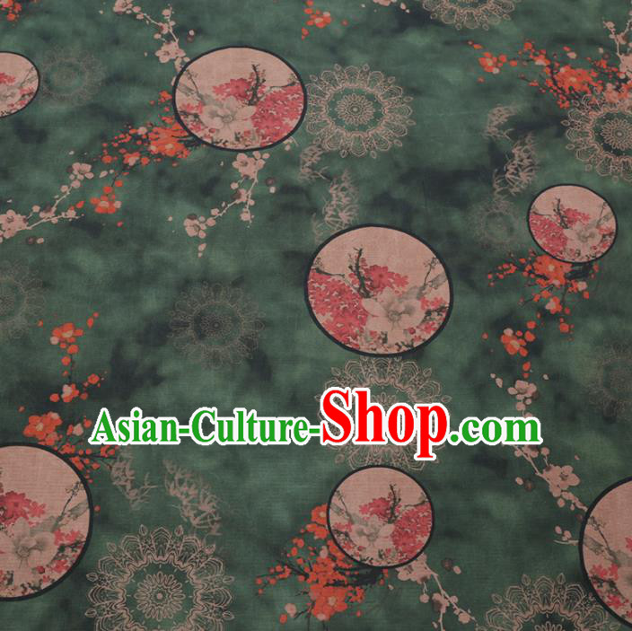 Chinese Classical Printing Plum Magnolia Pattern Design Atrovirens Gambiered Guangdong Gauze Fabric Asian Traditional Cheongsam Silk Material