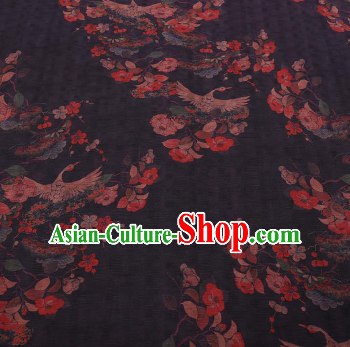 Chinese Classical Printing Crane Peony Pattern Design Black Gambiered Guangdong Gauze Fabric Asian Traditional Cheongsam Silk Material