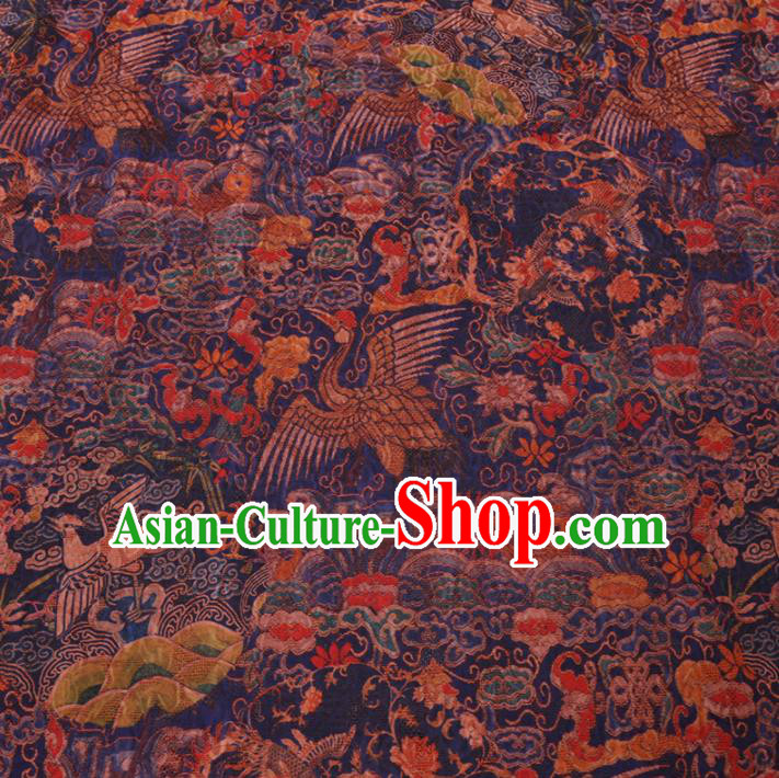 Chinese Classical Printing Cranes Pattern Design Deep Blue Gambiered Guangdong Gauze Fabric Asian Traditional Cheongsam Silk Material