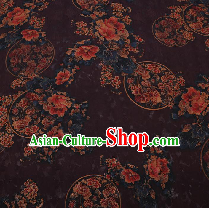 Chinese Classical Printing Peony Plum Pattern Design Deep Purple Gambiered Guangdong Gauze Fabric Asian Traditional Cheongsam Silk Material