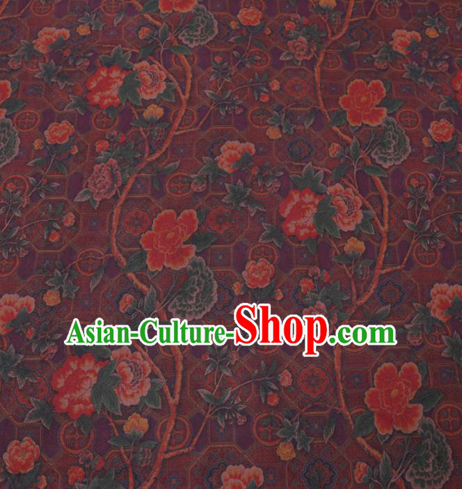 Chinese Classical Printing Peony Pattern Design Deep Purple Gambiered Guangdong Gauze Fabric Asian Traditional Cheongsam Silk Material