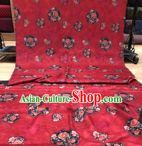 Asian Chinese Traditional Peony Pattern Design Red Gambiered Guangdong Gauze Fabric Silk Material