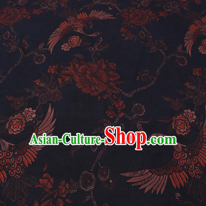 Chinese Classical Printing Crane Peony Pattern Design Black Gambiered Guangdong Gauze Fabric Asian Traditional Cheongsam Silk Material