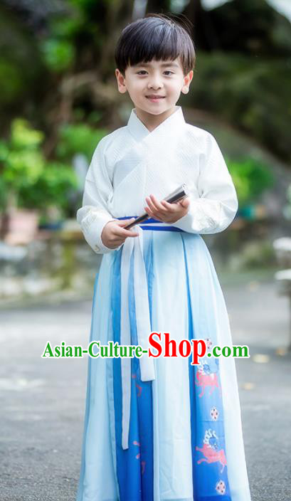 Chinese Traditional Ming Dynasty Swordsman White Costume Ancient Scholar Hanfu Clothing for Kids