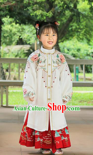 Chinese Traditional Girls Embroidered White Cape and Skirt Ancient Ming Dynasty Princess Costume for Kids