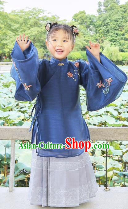 Chinese Traditional Girls Embroidered Navy Blouse and Skirt Ancient Ming Dynasty Princess Costume for Kids