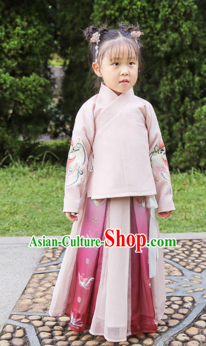 Chinese Traditional Girls Embroidered Pink Blouse and Skirt Ancient Ming Dynasty Princess Costume for Kids