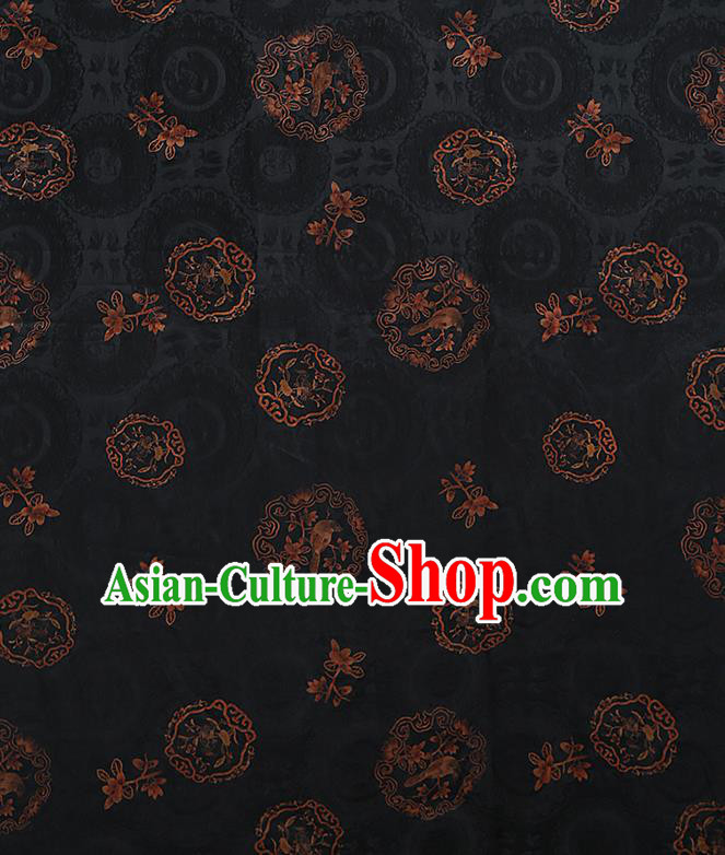 Chinese Classical Printing Birds Pattern Design Black Gambiered Guangdong Gauze Fabric Asian Traditional Cheongsam Silk Material