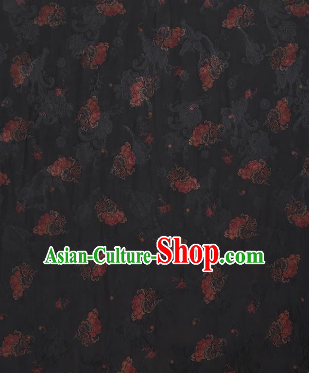 Chinese Classical Printing Peony Pattern Design Black Gambiered Guangdong Gauze Fabric Asian Traditional Cheongsam Silk Material