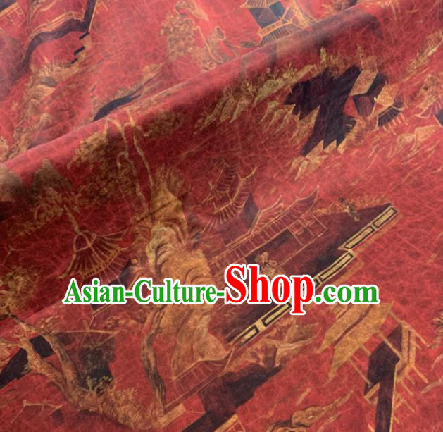 Asian Chinese Traditional Pavilions Pattern Design Red Gambiered Guangdong Gauze Fabric Silk Material