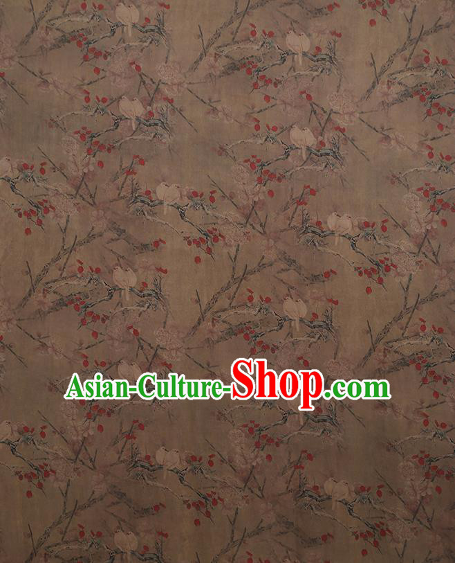 Chinese Classical Printing Birds Pattern Design Khaki Gambiered Guangdong Gauze Fabric Asian Traditional Cheongsam Silk Material