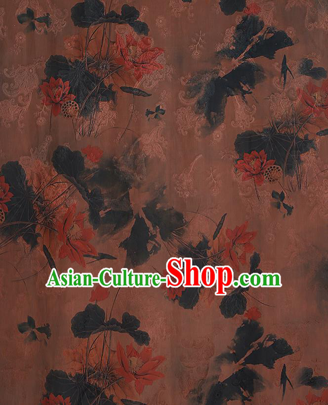 Chinese Classical Printing Lotus Pattern Design Brown Gambiered Guangdong Gauze Fabric Asian Traditional Cheongsam Silk Material