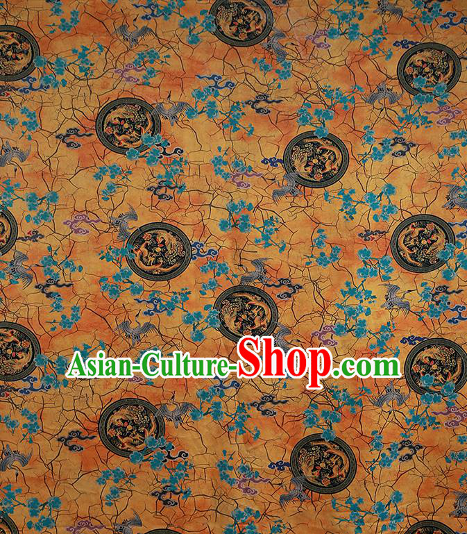 Chinese Classical Printing Crane Plum Pattern Design Yellow Gambiered Guangdong Gauze Fabric Asian Traditional Cheongsam Silk Material