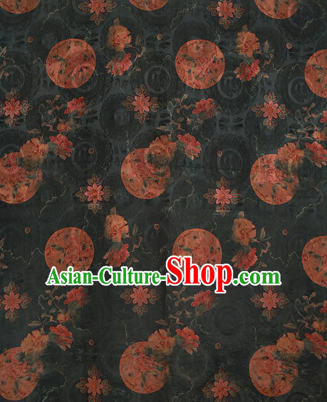 Chinese Classical Printing Peony Pattern Design Atrovirens Gambiered Guangdong Gauze Fabric Asian Traditional Cheongsam Silk Material