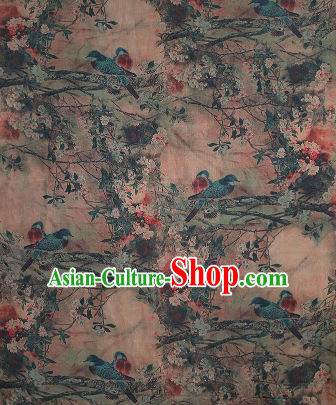 Chinese Classical Printing Begonia Bird Pattern Design Khaki Gambiered Guangdong Gauze Fabric Asian Traditional Cheongsam Silk Material