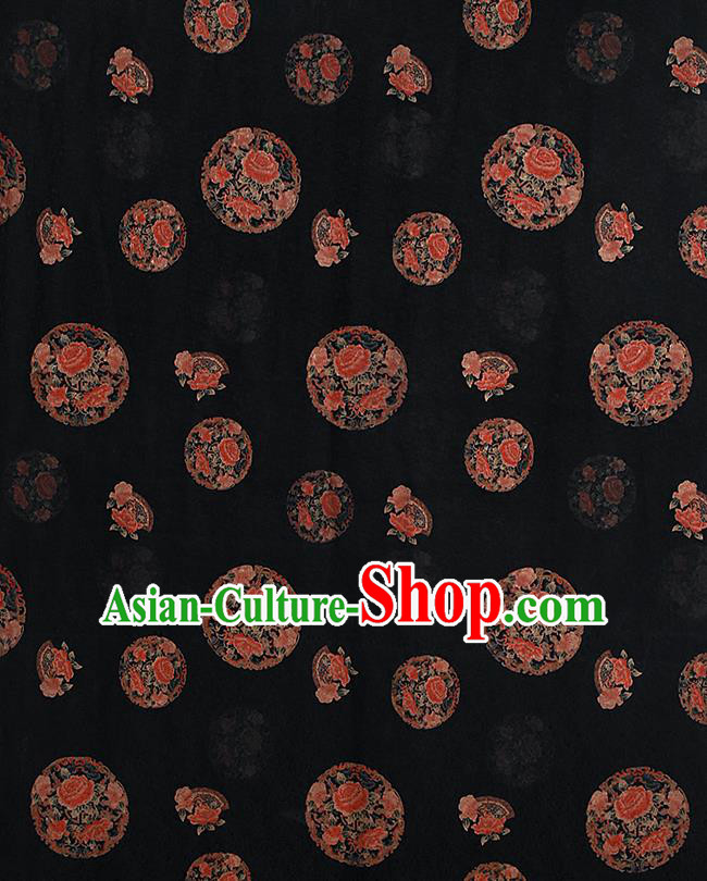 Chinese Classical Printing Round Peony Pattern Design Black Gambiered Guangdong Gauze Fabric Asian Traditional Cheongsam Silk Material